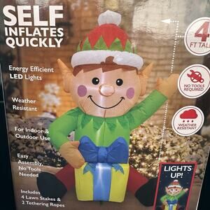 4ft Holiday Inflatable ELF w/Gift Box LED Christmas Light Outdoor Lawn Decor NEW